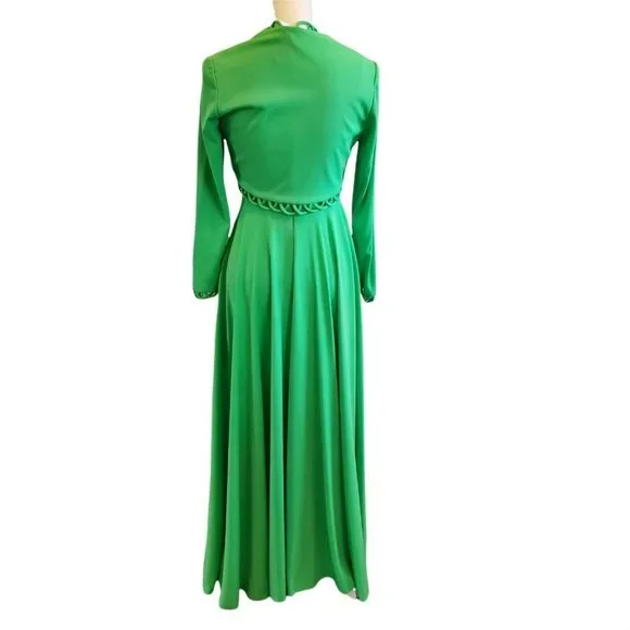Vintage 70s 2‎ Piece Dress Set Green Polyester High Neck Floor Length Sz Small - Picture 3 of 12